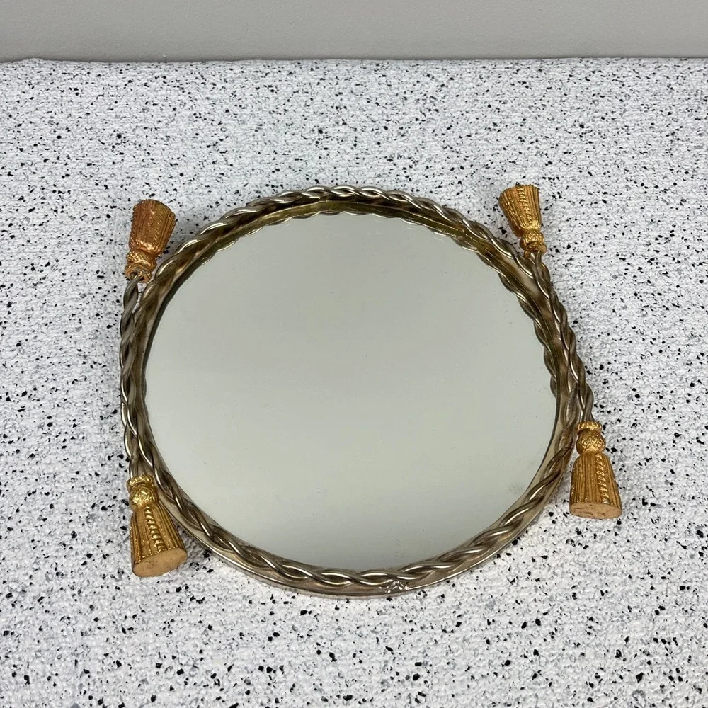 Vintage Hollywood Regency Round Mirror‎ Vanity Tray Rope Gold Tassel Handles 8